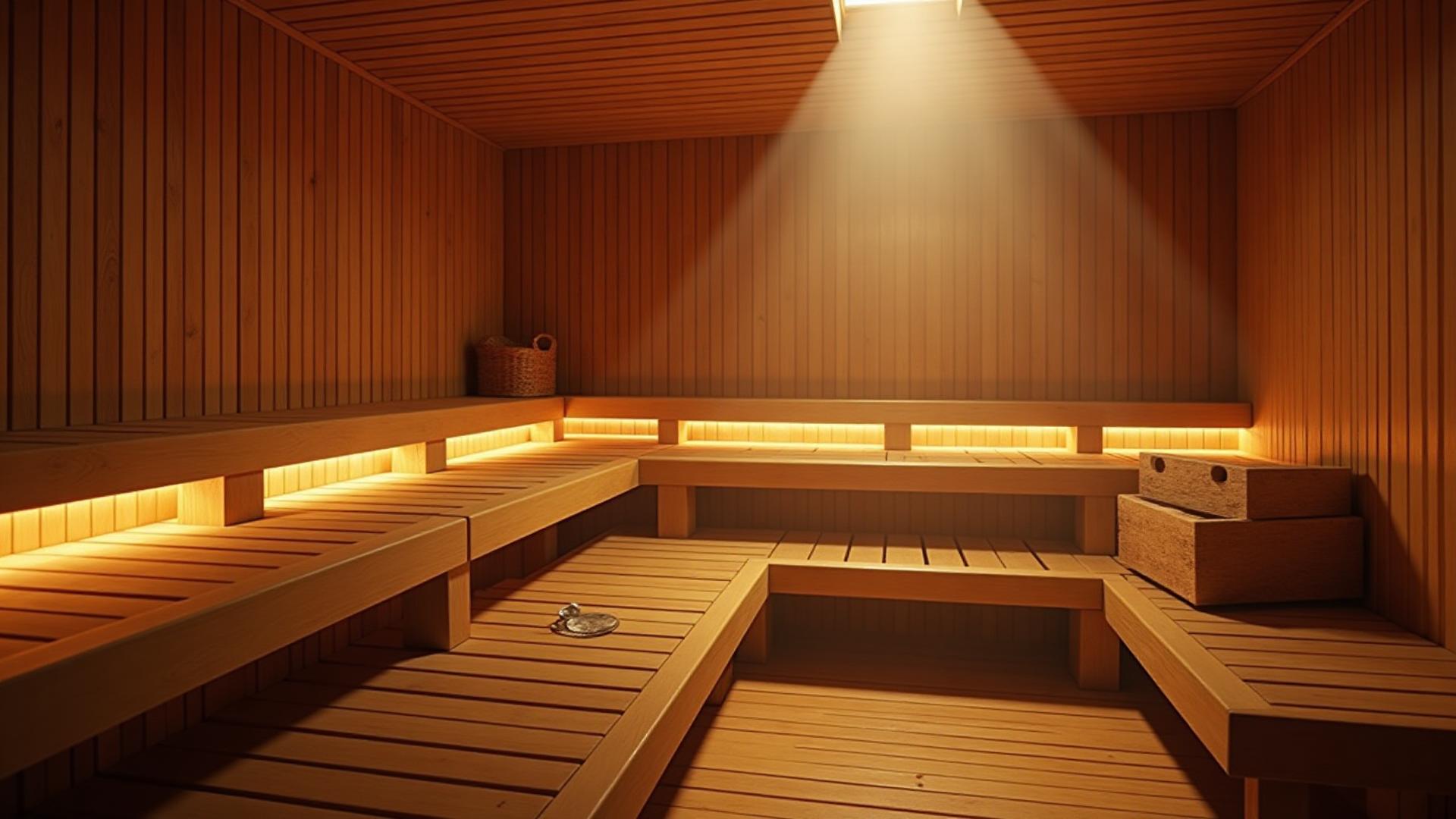 Traditional dry sauna with warm ambient lighting